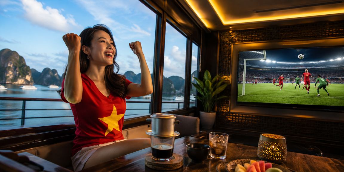 Du khách Việt Nam ngắm vịnh Hạ Long và theo dõi kèo cược qua điện thoại bên tách cà phê
