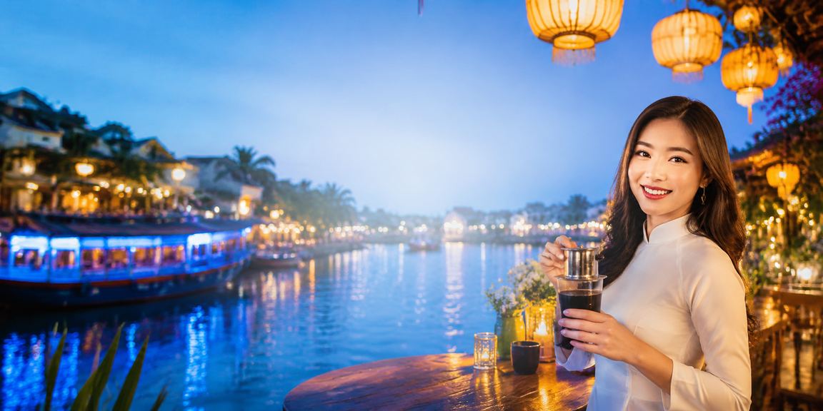Người dùng tại Hội An nhận bonus VIP và kiểm tra voucher qua điện thoại bên tách cà phê buổi sáng